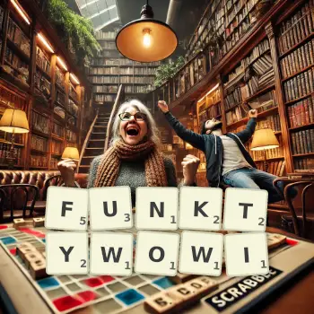 Kreatywna ilustracja do gry w Scrabble ze słowem FUNKTYWOWI ułożonym z płytek na planszy.