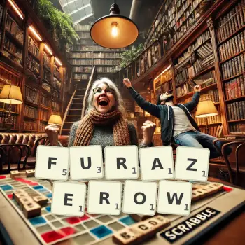 Kreatywna ilustracja do gry w Scrabble ze słowem FURAZEROW ułożonym z płytek na planszy.