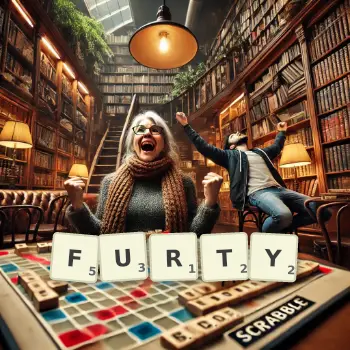 Kreatywna ilustracja do gry w Scrabble ze słowem FURTY ułożonym z płytek na planszy.