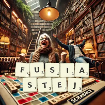 Kreatywna ilustracja do gry w Scrabble ze słowem FUSIASTEJ ułożonym z płytek na planszy.