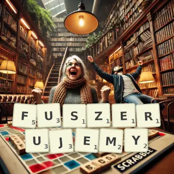 Kreatywna ilustracja do gry w Scrabble ze słowem FUSZERUJEMY ułożonym z płytek na planszy.