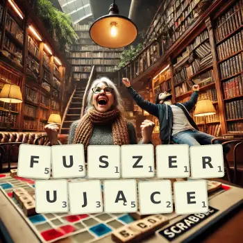 Kreatywna ilustracja do gry w Scrabble ze słowem FUSZERUJĄCE ułożonym z płytek na planszy.