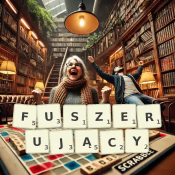 Kreatywna ilustracja do gry w Scrabble ze słowem FUSZERUJĄCY ułożonym z płytek na planszy.