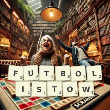 Kreatywna ilustracja do gry w Scrabble ze słowem FUTBOLISTOW ułożonym z płytek na planszy.