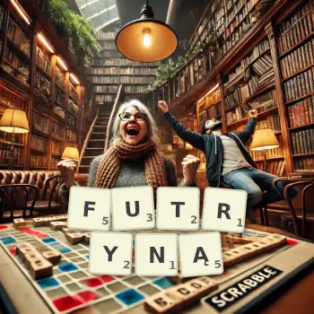 Kreatywna ilustracja do gry w Scrabble ze słowem FUTRYNĄ ułożonym z płytek na planszy.
