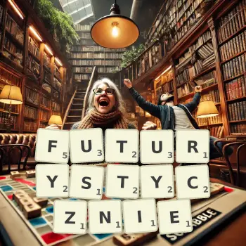 Kreatywna ilustracja do gry w Scrabble ze słowem FUTURYSTYCZNIE ułożonym z płytek na planszy.