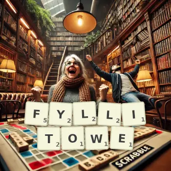 Kreatywna ilustracja do gry w Scrabble ze słowem FYLLITOWE ułożonym z płytek na planszy.