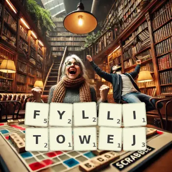 Kreatywna ilustracja do gry w Scrabble ze słowem FYLLITOWEJ ułożonym z płytek na planszy.