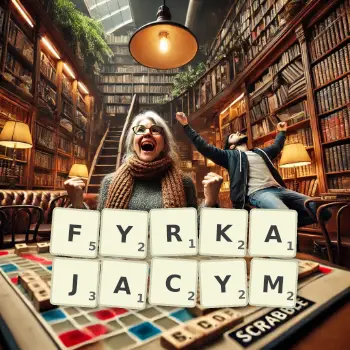 Kreatywna ilustracja do gry w Scrabble ze słowem FYRKAJACYM ułożonym z płytek na planszy.