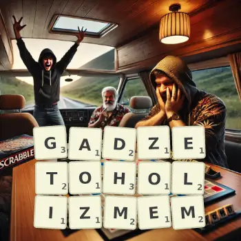 Kreatywna ilustracja do gry w Scrabble ze słowem GADZETOHOLIZMEM ułożonym z płytek na planszy.