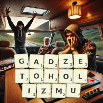 Kreatywna ilustracja do gry w Scrabble ze słowem GADZETOHOLIZMU ułożonym z płytek na planszy.