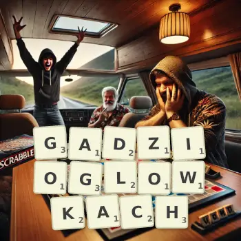 Kreatywna ilustracja do gry w Scrabble ze słowem GADZIOGLOWKACH ułożonym z płytek na planszy.