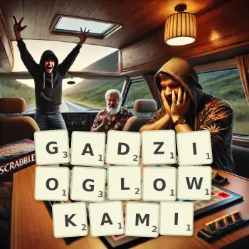 Kreatywna ilustracja do gry w Scrabble ze słowem GADZIOGLOWKAMI ułożonym z płytek na planszy.