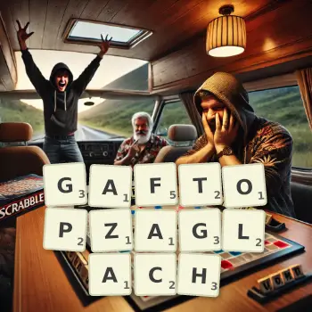 Kreatywna ilustracja do gry w Scrabble ze słowem GAFTOPZAGLACH ułożonym z płytek na planszy.
