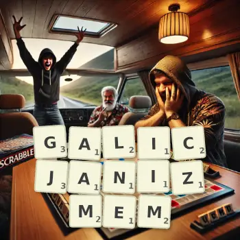 Kreatywna ilustracja do gry w Scrabble ze słowem GALICJANIZMEM ułożonym z płytek na planszy.