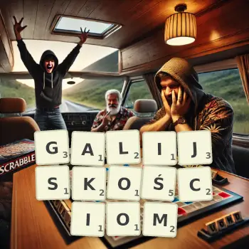 Kreatywna ilustracja do gry w Scrabble ze słowem GALIJSKOŚCIOM ułożonym z płytek na planszy.