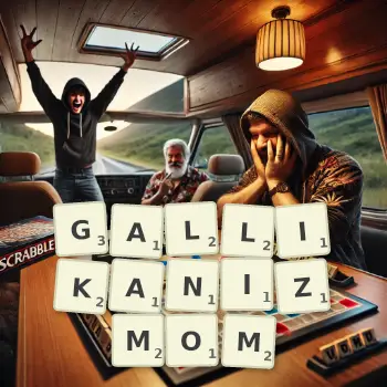 Kreatywna ilustracja do gry w Scrabble ze słowem GALLIKANIZMOM ułożonym z płytek na planszy.