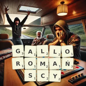 Kreatywna ilustracja do gry w Scrabble ze słowem GALLOROMAŃSCY ułożonym z płytek na planszy.