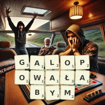 Kreatywna ilustracja do gry w Scrabble ze słowem GALOPOWAŁABYM ułożonym z płytek na planszy.