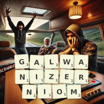 Kreatywna ilustracja do gry w Scrabble ze słowem GALWANIZERNIOM ułożonym z płytek na planszy.