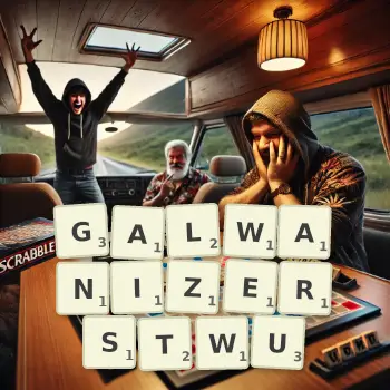 Kreatywna ilustracja do gry w Scrabble ze słowem GALWANIZERSTWU ułożonym z płytek na planszy.