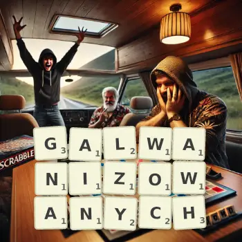Kreatywna ilustracja do gry w Scrabble ze słowem GALWANIZOWANYCH ułożonym z płytek na planszy.