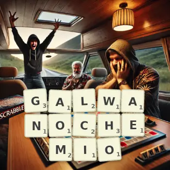 Kreatywna ilustracja do gry w Scrabble ze słowem GALWANOCHEMIO ułożonym z płytek na planszy.