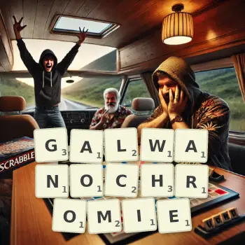 Kreatywna ilustracja do gry w Scrabble ze słowem GALWANOCHROMIE ułożonym z płytek na planszy.