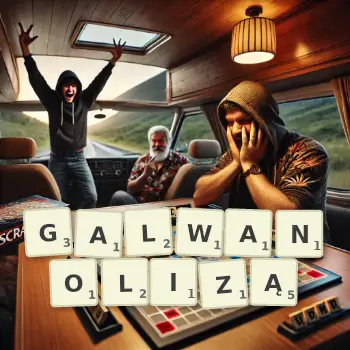 Kreatywna ilustracja do gry w Scrabble ze słowem GALWANOLIZĄ ułożonym z płytek na planszy.