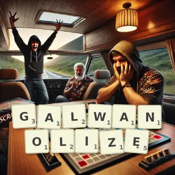 Kreatywna ilustracja do gry w Scrabble ze słowem GALWANOLIZĘ ułożonym z płytek na planszy.