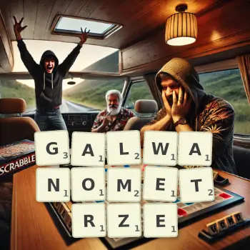 Kreatywna ilustracja do gry w Scrabble ze słowem GALWANOMETRZE ułożonym z płytek na planszy.