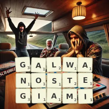 Kreatywna ilustracja do gry w Scrabble ze słowem GALWANOSTEGIAMI ułożonym z płytek na planszy.