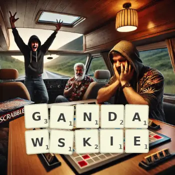 Kreatywna ilustracja do gry w Scrabble ze słowem GANDAWSKIE ułożonym z płytek na planszy.