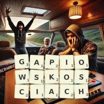 Kreatywna ilustracja do gry w Scrabble ze słowem GAPIOWSKOSCIACH ułożonym z płytek na planszy.