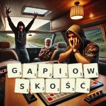 Kreatywna ilustracja do gry w Scrabble ze słowem GAPIOWSKOŚĆ ułożonym z płytek na planszy.