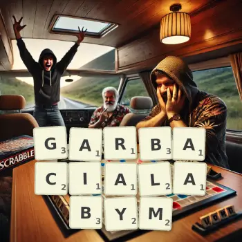 Kreatywna ilustracja do gry w Scrabble ze słowem GARBACIALABYM ułożonym z płytek na planszy.