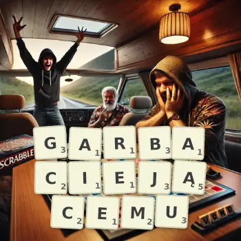 Kreatywna ilustracja do gry w Scrabble ze słowem GARBACIEJĄCEMU ułożonym z płytek na planszy.