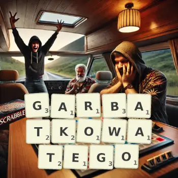Kreatywna ilustracja do gry w Scrabble ze słowem GARBATKOWATEGO ułożonym z płytek na planszy.