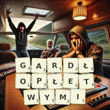 Kreatywna ilustracja do gry w Scrabble ze słowem GARDŁOPŁETWYMI ułożonym z płytek na planszy.