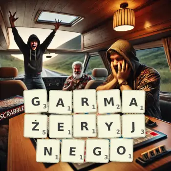 Kreatywna ilustracja do gry w Scrabble ze słowem GARMAŻERYJNEGO ułożonym z płytek na planszy.