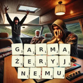 Kreatywna ilustracja do gry w Scrabble ze słowem GARMAŻERYJNEMU ułożonym z płytek na planszy.