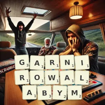 Kreatywna ilustracja do gry w Scrabble ze słowem GARNIROWALABYM ułożonym z płytek na planszy.