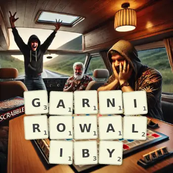 Kreatywna ilustracja do gry w Scrabble ze słowem GARNIROWALIBY ułożonym z płytek na planszy.