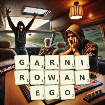 Kreatywna ilustracja do gry w Scrabble ze słowem GARNIROWANEGO ułożonym z płytek na planszy.