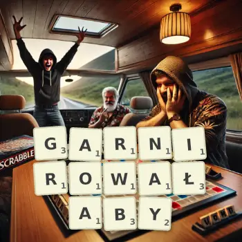 Kreatywna ilustracja do gry w Scrabble ze słowem GARNIROWAŁABY ułożonym z płytek na planszy.