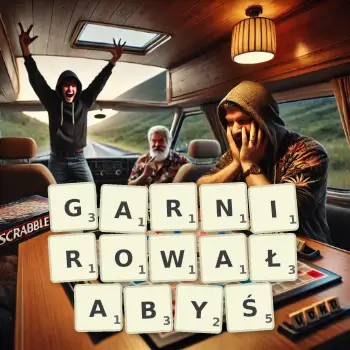 Kreatywna ilustracja do gry w Scrabble ze słowem GARNIROWAŁABYŚ ułożonym z płytek na planszy.