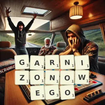 Kreatywna ilustracja do gry w Scrabble ze słowem GARNIZONOWEGO ułożonym z płytek na planszy.
