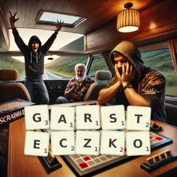 Kreatywna ilustracja do gry w Scrabble ze słowem GARSTECZKO ułożonym z płytek na planszy.
