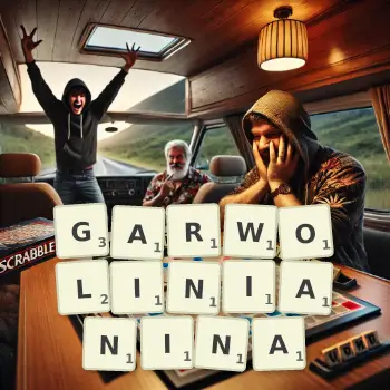 Kreatywna ilustracja do gry w Scrabble ze słowem GARWOLINIANINA ułożonym z płytek na planszy.