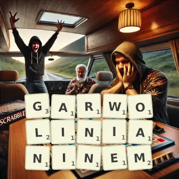 Kreatywna ilustracja do gry w Scrabble ze słowem GARWOLINIANINEM ułożonym z płytek na planszy.